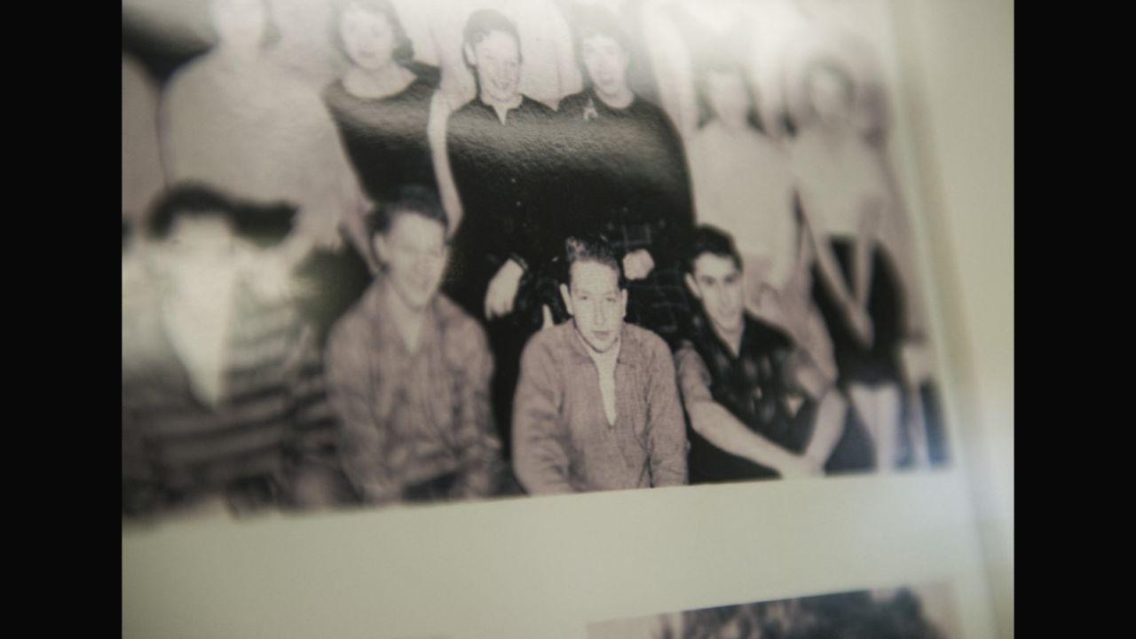 A photo of a young Bob Dylan (centre) as displayed on October 14, 2016 at an exhibit in the Hibbing Public Library in Hibbing, Minnesota. Dylan grew up in Hibbing, a rural mining town, and was awarded the Nobel Prize in Literature On October 13, 2016. 
Photo: Stephen Maturen / AFP